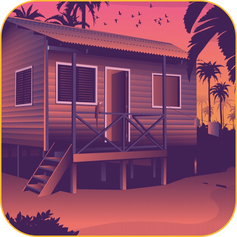 A house on stilts with palm trees